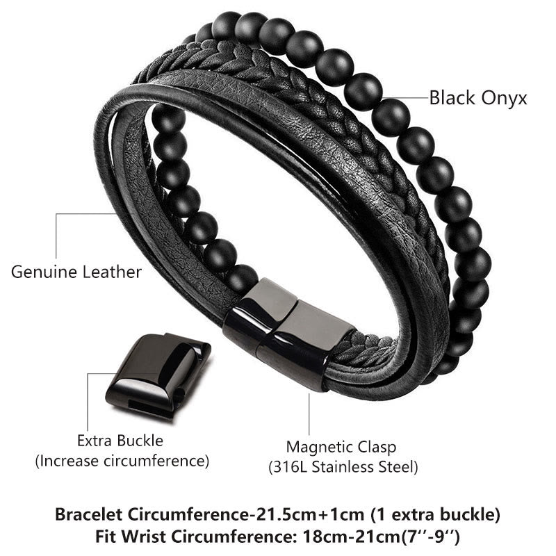 Carmiora natürliches Lavagestein-Lederarmband mit schwarzen Onyxperlen