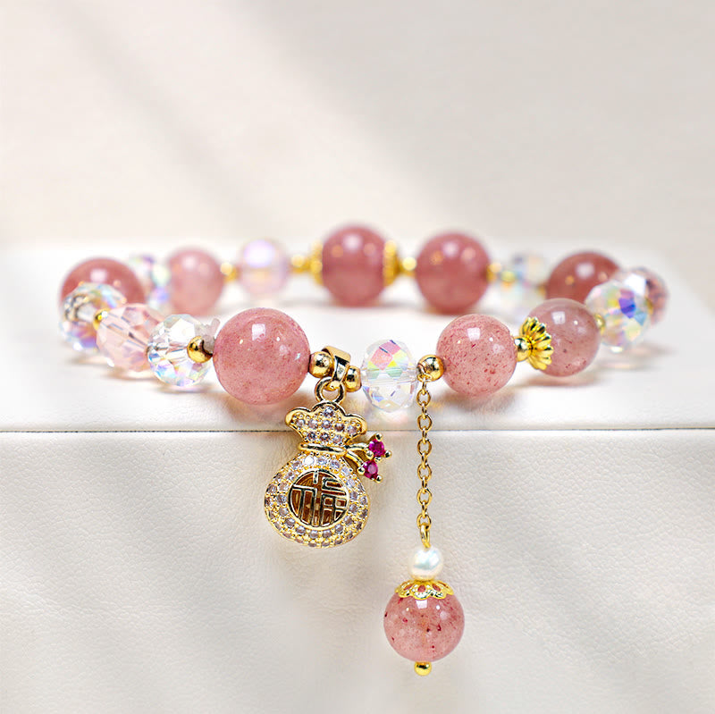 Carmiora Natürliches Erdbeerquarz-Kristall-Geldbeutel-Charm-Positiv-Armband