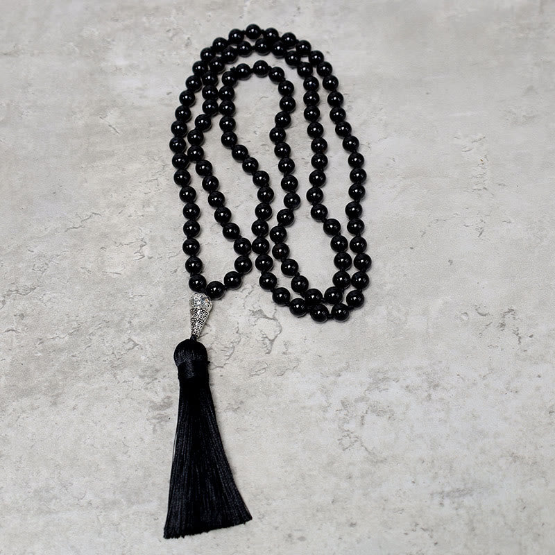 Carmiora 108 Mala schwarze Onyxperlen Yoga Meditation Gebetsperlen Halskette