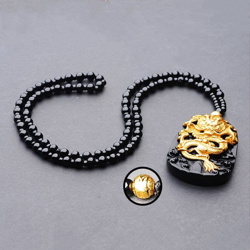 Carmiora 18 Karat vergoldete Drachen-Obsidian-Glücksanhänger-Halskette