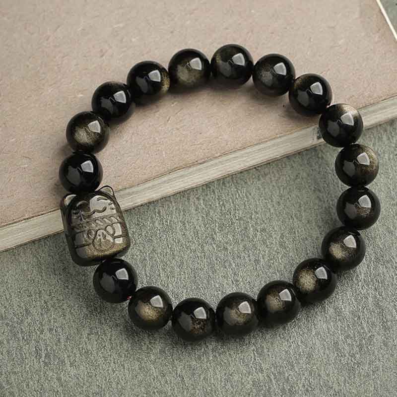 Carmiora Gold glänzender Obsidian Silber glänzender Obsidian Schönes Pfoten-Glückskatzen-Schutzarmband