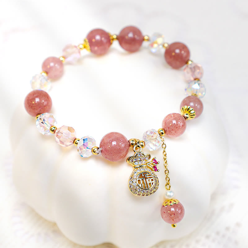 Carmiora Natürliches Erdbeerquarz-Kristall-Geldbeutel-Charm-Positiv-Armband