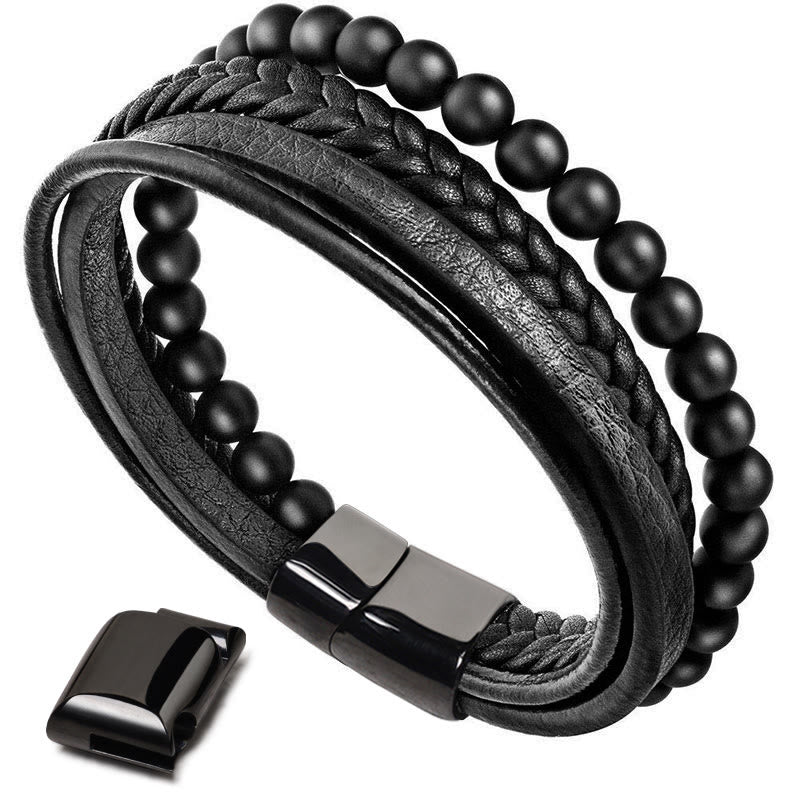 Carmiora natürliches Lavagestein-Lederarmband mit schwarzen Onyxperlen