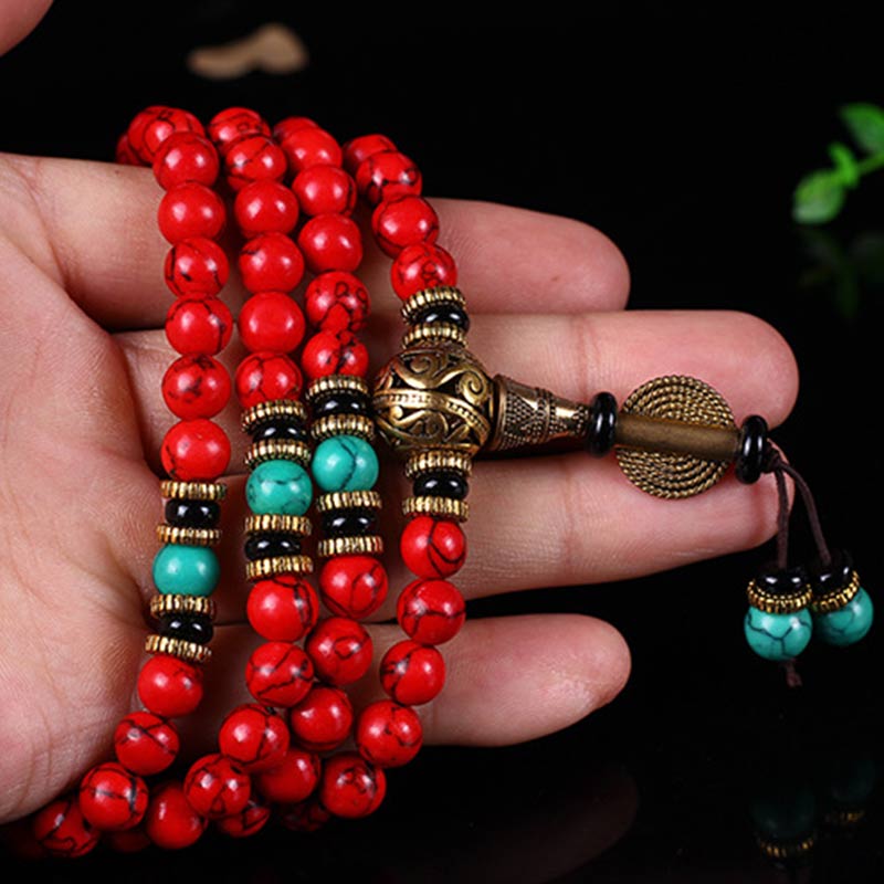 Carmiora tibetisches Mala Rot-Türkis-Glückshalsketten-Armband