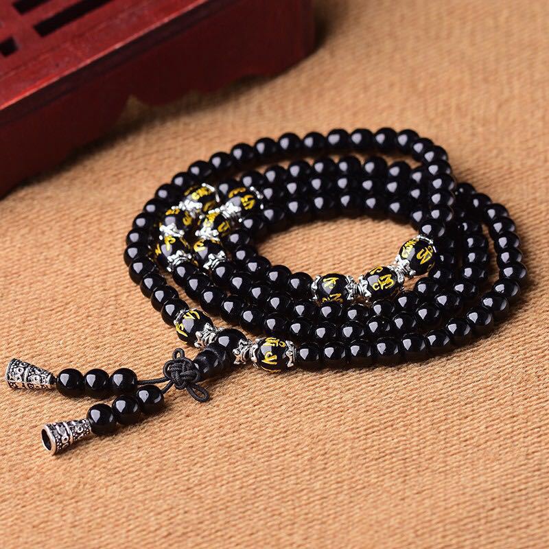 Carmiora Black Obsidian Six True Words Protection Mala Armband
