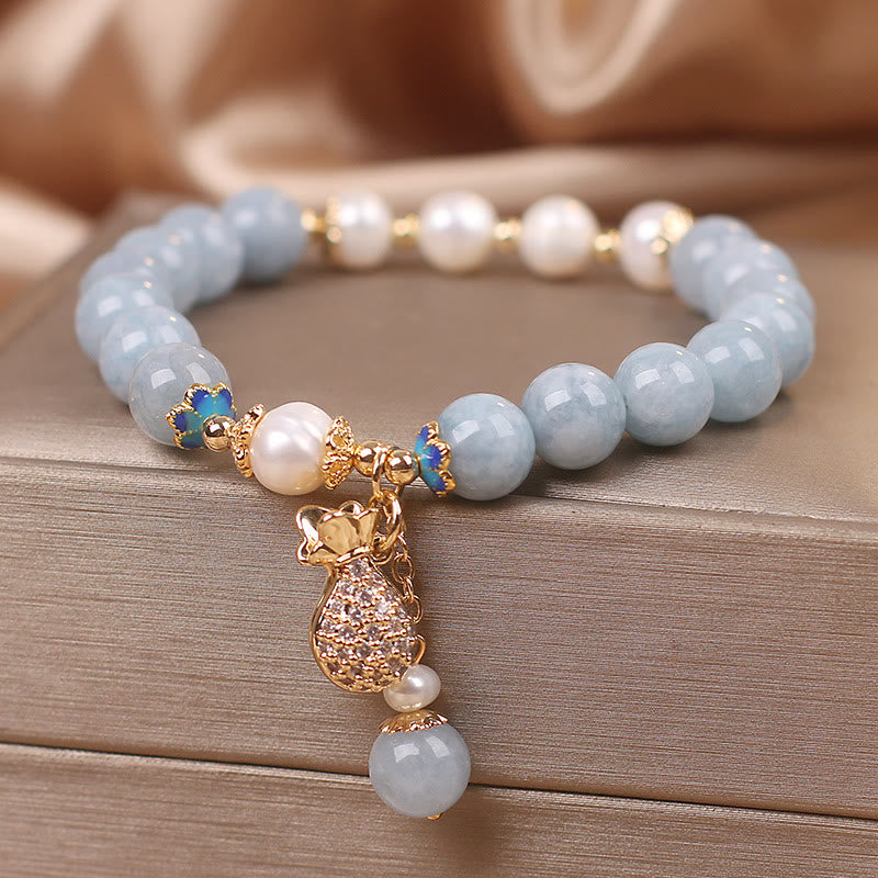 Carmiora Aquamarin-Perlen-Glücksbeutel-Charm-Armband