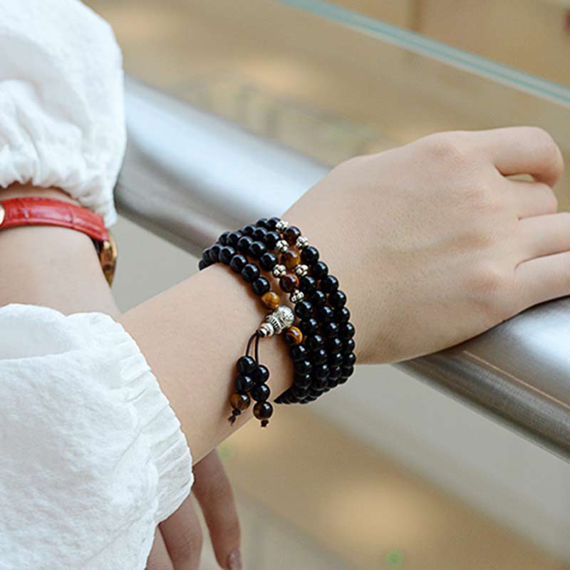 Carmiora schwarzes Obsidian-Tigerauge-Segen-Mala-Armband