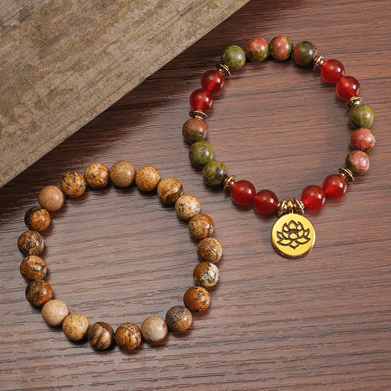 Carmiora Tibetisches Bild Jaspis Positive Lotus Armband Set