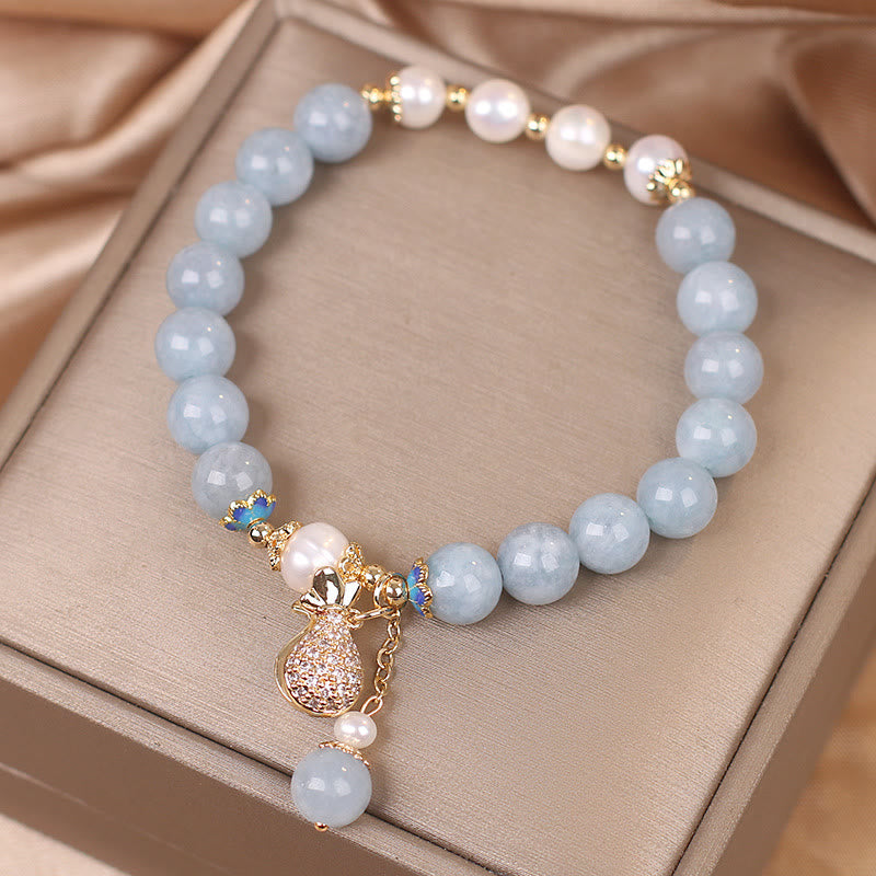 Carmiora Aquamarin-Perlen-Glücksbeutel-Charm-Armband