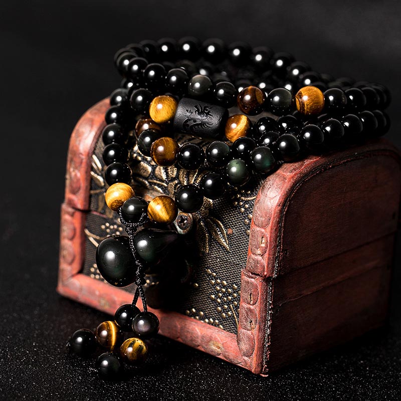Carmiora Natürliches schwarzes Obsidian-Regenbogen-Obsidian-Kürbis-Segen-Armband Mala