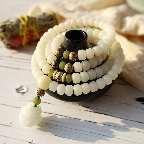 Carmiora White Jade Bodhi Lotus Mala Harmony Halskette Armband
