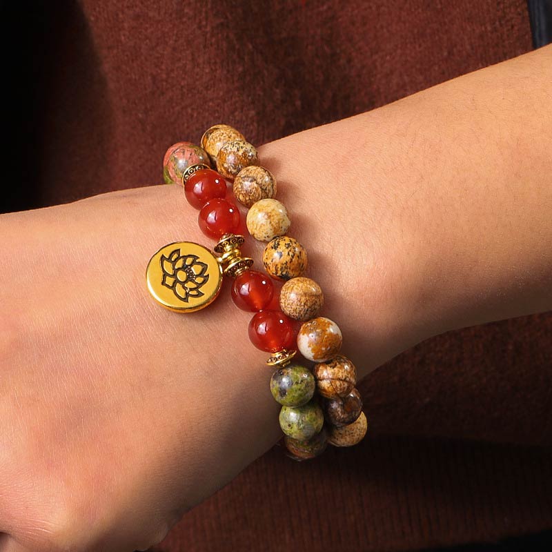 Carmiora Tibetisches Bild Jaspis Positive Lotus Armband Set