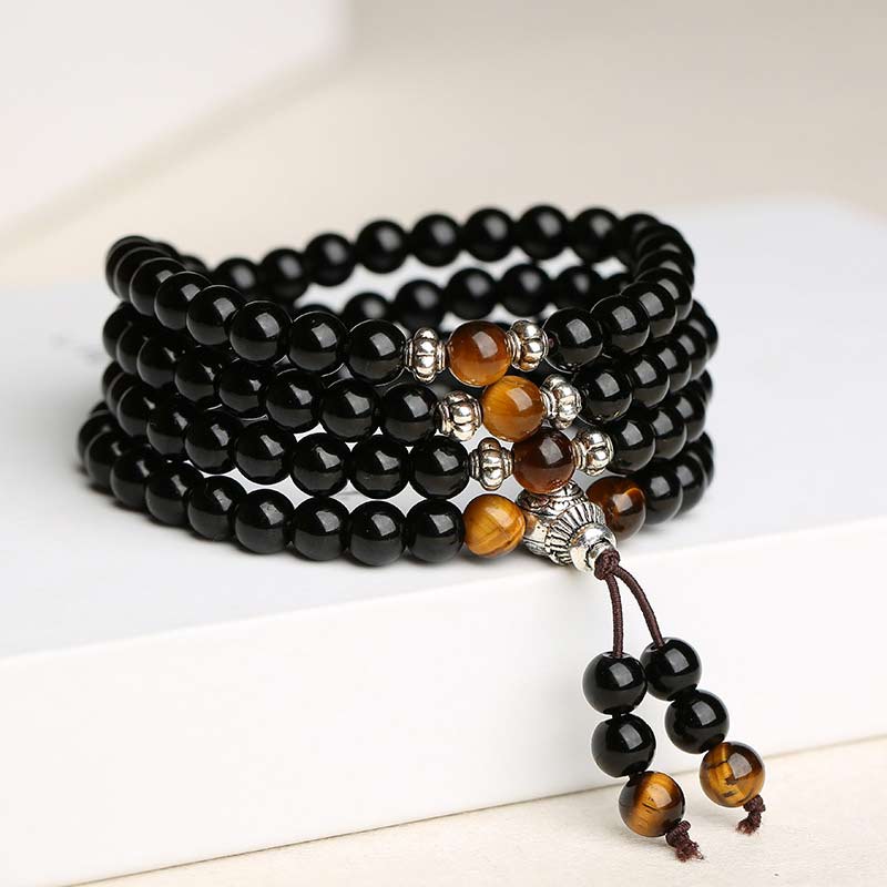 Carmiora schwarzes Obsidian-Tigerauge-Segen-Mala-Armband