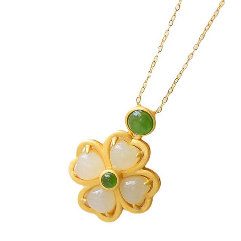 Carmiora 925 Sterling Silber Lucky Four Leaf Clover Jade Wohlstand Halskette Kettenanhänger