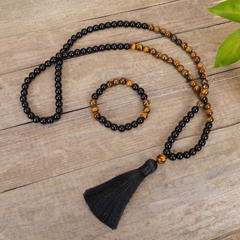Carmiora Tibetisches schwarzes Onyx-Tigeraugenschutz-Halsketten-Mala-Set