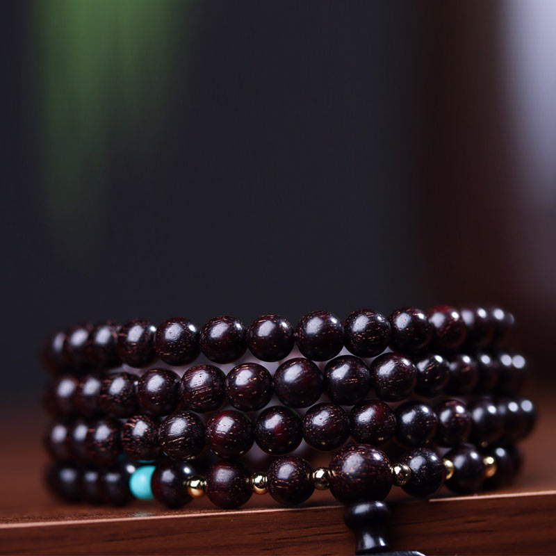 Carmiora 108 Mala-Perlen, tibetisches kleines Blatt, rotes Sandelholz, Lotus-Balance-Armband