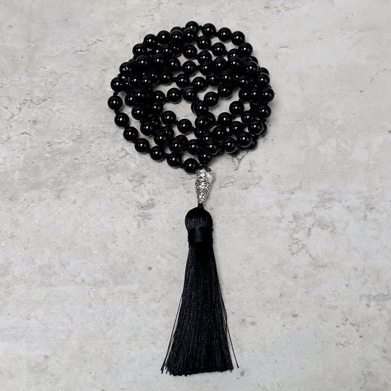 Carmiora 108 Mala schwarze Onyxperlen Yoga Meditation Gebetsperlen Halskette