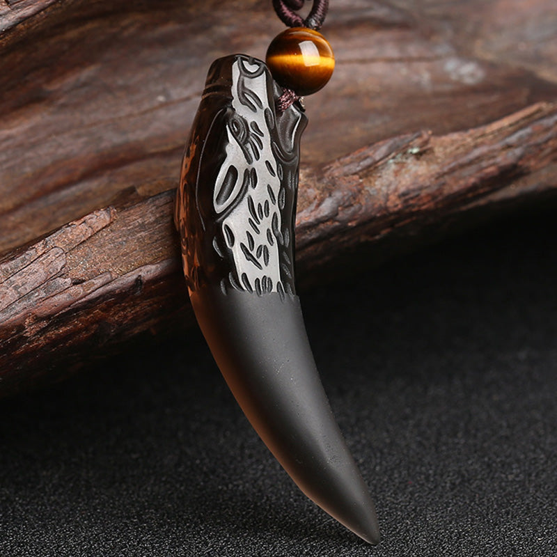 Carmiora Natural Ice Obsidian Wolf Tooth Pattern Courage Halskette Anhänger