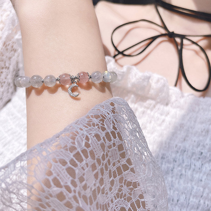 Carmiora Erdbeerquarz-Mondstein-Glücks-Mond-Charm-Armband