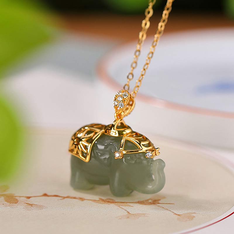 Carmiora 925 Sterling Silber Jade Elefant Segen Glück Halskette Kettenanhänger