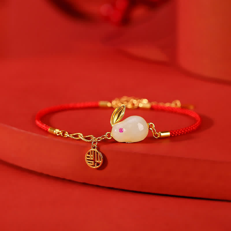 Carmiora 925 Sterling Silber Jahr des Kaninchens Hetian White Jade Luck Blessing Red String Armband
