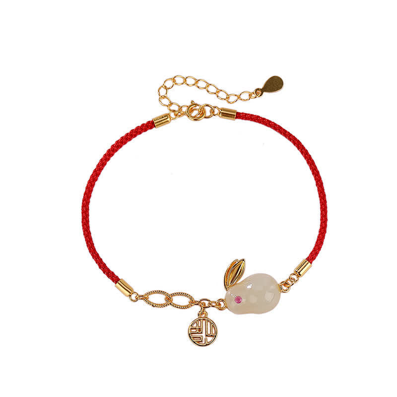 Carmiora 925 Sterling Silber Jahr des Kaninchens Hetian White Jade Luck Blessing Red String Armband