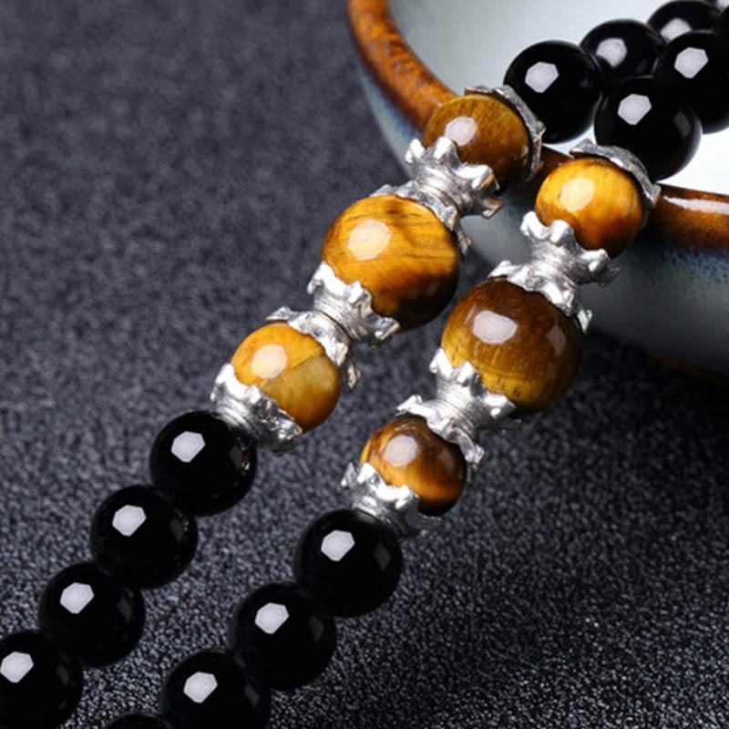 Carmiora 108 Perlen natürliches schwarzes Obsidian-Tigerauge-Mala-Armband