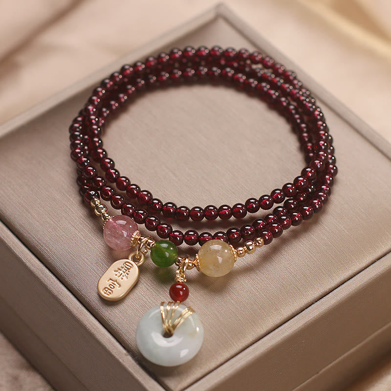 Carmiora Natürlicher Granat-Erdbeerquarz-Kristall, Fuchs-Koi-Fisch, Friedensschnalle, Glücksschutz, dreifach gewickeltes Armband