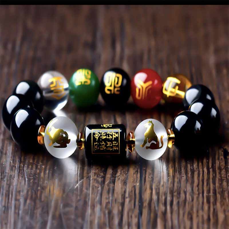 Carmiora Chinesisches Sternzeichen Feng Shui Obsidian Fünf-Elemente-Armband Reichtum Porsperity