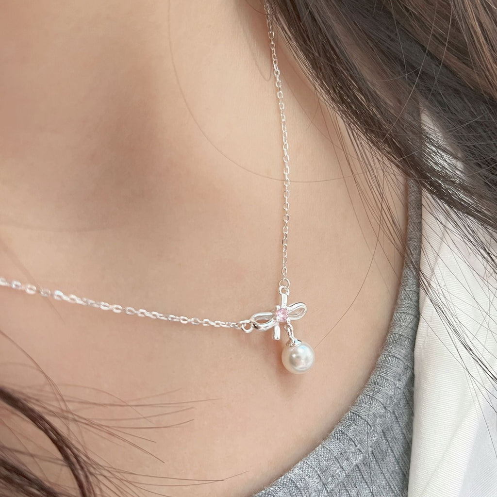 Halskette mit Schleife und Perle (massives Silber) - Cady