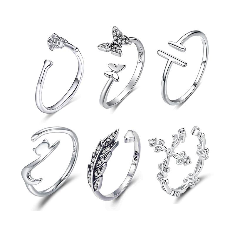 Kollektion verstellbarer offener Zirkonringe aus Sterlingsilber