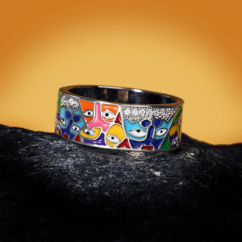 Künstlerische bunte abstrakte Emaille-Gesichtsformen dicke Bandringe