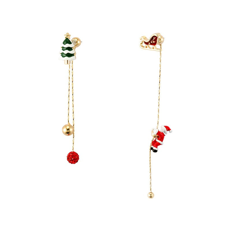 Asymmetrische Weihnachtsohrringe mit baumelnder Kette und Quaste im Weihnachtsstil