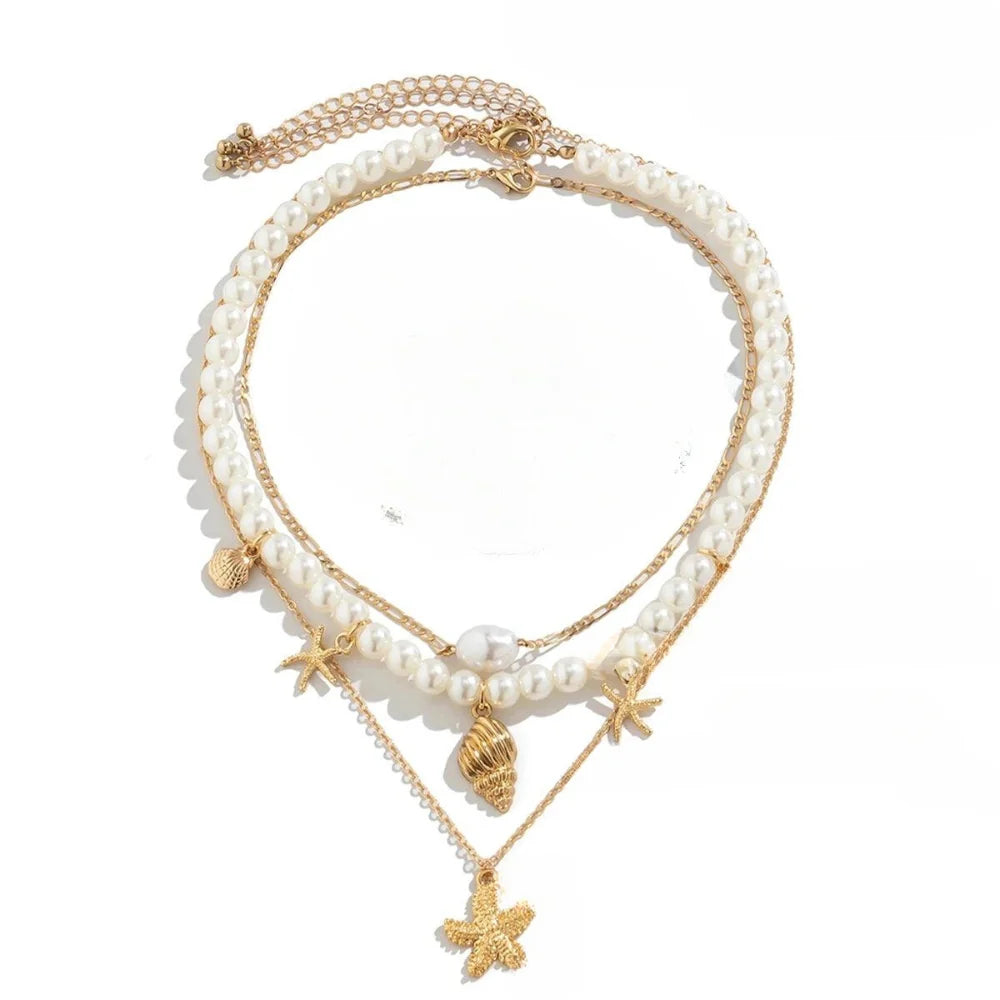 Elegante goldene Halskette mit Seestern-Anhänger – Perlen-Halskette, luxuriöser Schmuck zum Strandthema
