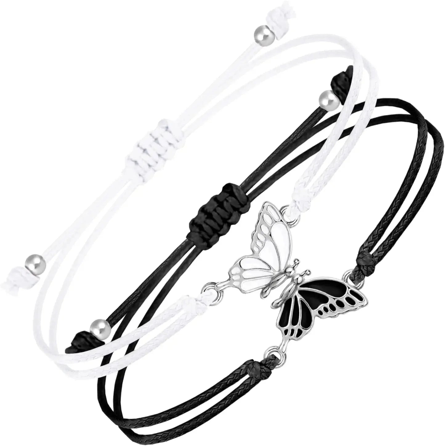 Verstellbares Schmetterlings-Charm-Armband - Weiß geflochten, goldene Akzente, Boho Chic