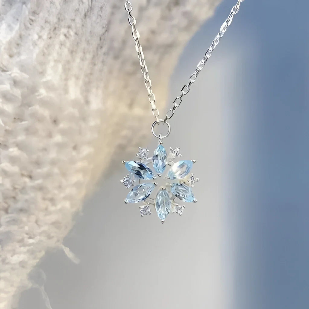 Aquamarin Schneeflocke Anhänger, Türkis Edelstein Halskette, Sterling Silber Geschenk
