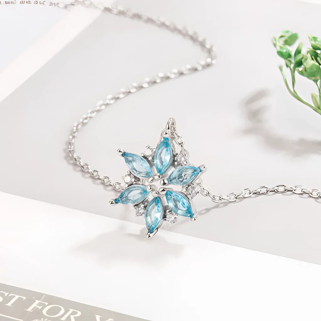 Aquamarin Schneeflocke Anhänger, Türkis Edelstein Halskette, Sterling Silber Geschenk