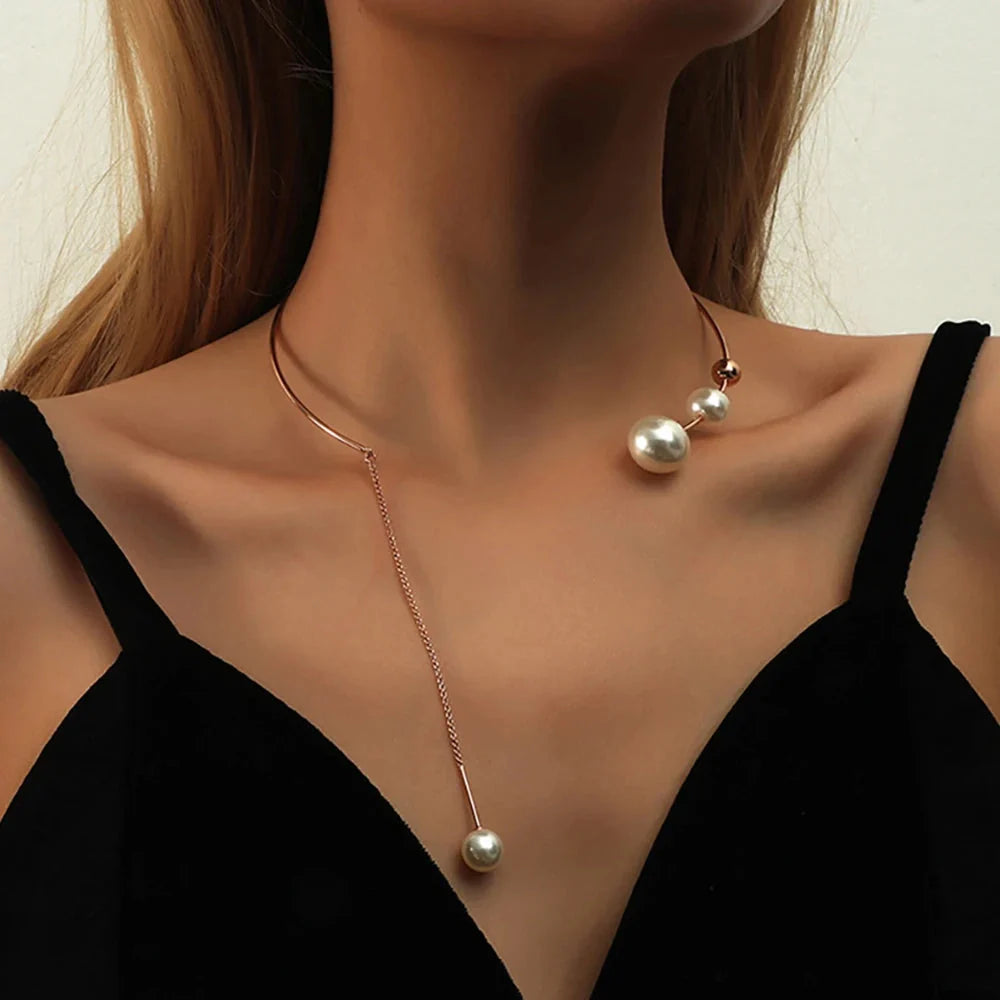 Asymmetrische Roségold Perlen Lasso Halskette - Luxuriöser Statement Schmuck