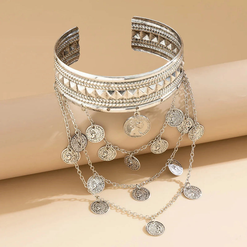 Böhmisches Festival-Armband mit Goldmünzen-Anhänger – verstellbarer Schmuck im Gypsy-Stil