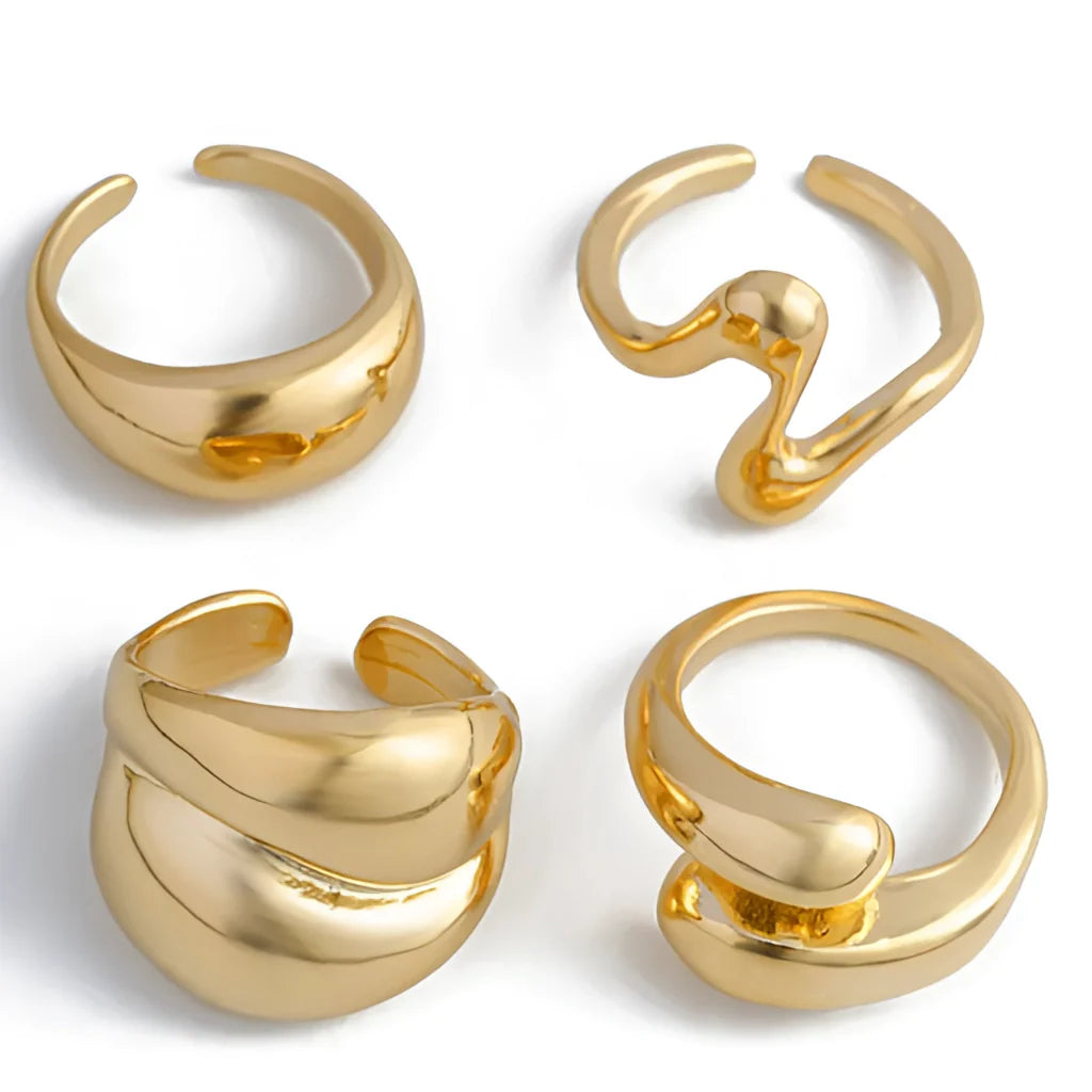 Auffälliges goldenes Statement-Ring-Set – großer, minimalistischer, einzigartiger Modeschmuck