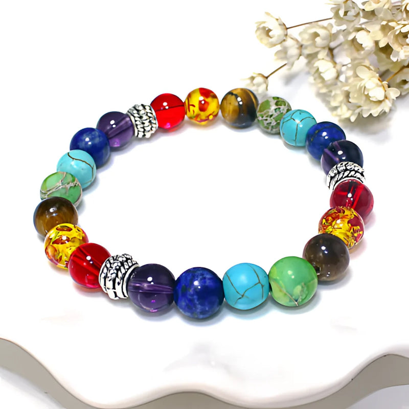 Chakra-Heilkristallarmband – Mit Reiki angereicherte Lava- und Tigerauge-Perlen