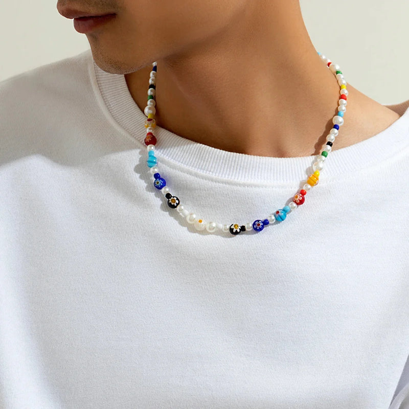 Farbenfrohes, mehrfarbiges Halsband – trendige, leichte Perlenkette für den Sommer für Herren
