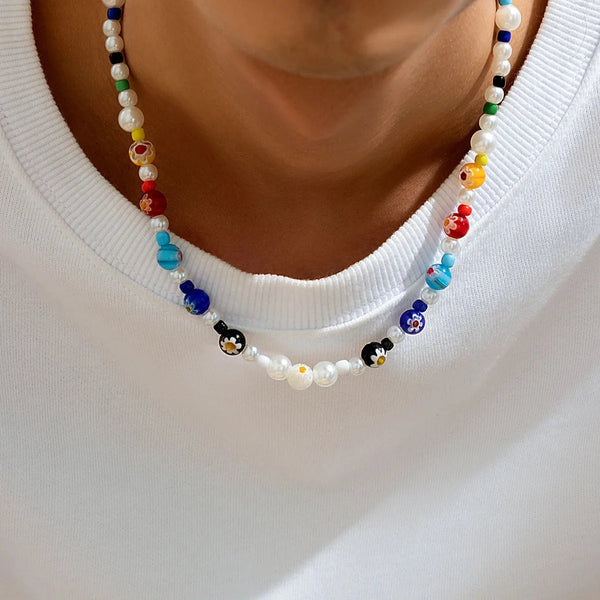 Farbenfrohes, mehrfarbiges Halsband – trendige, leichte Perlenkette für den Sommer für Herren