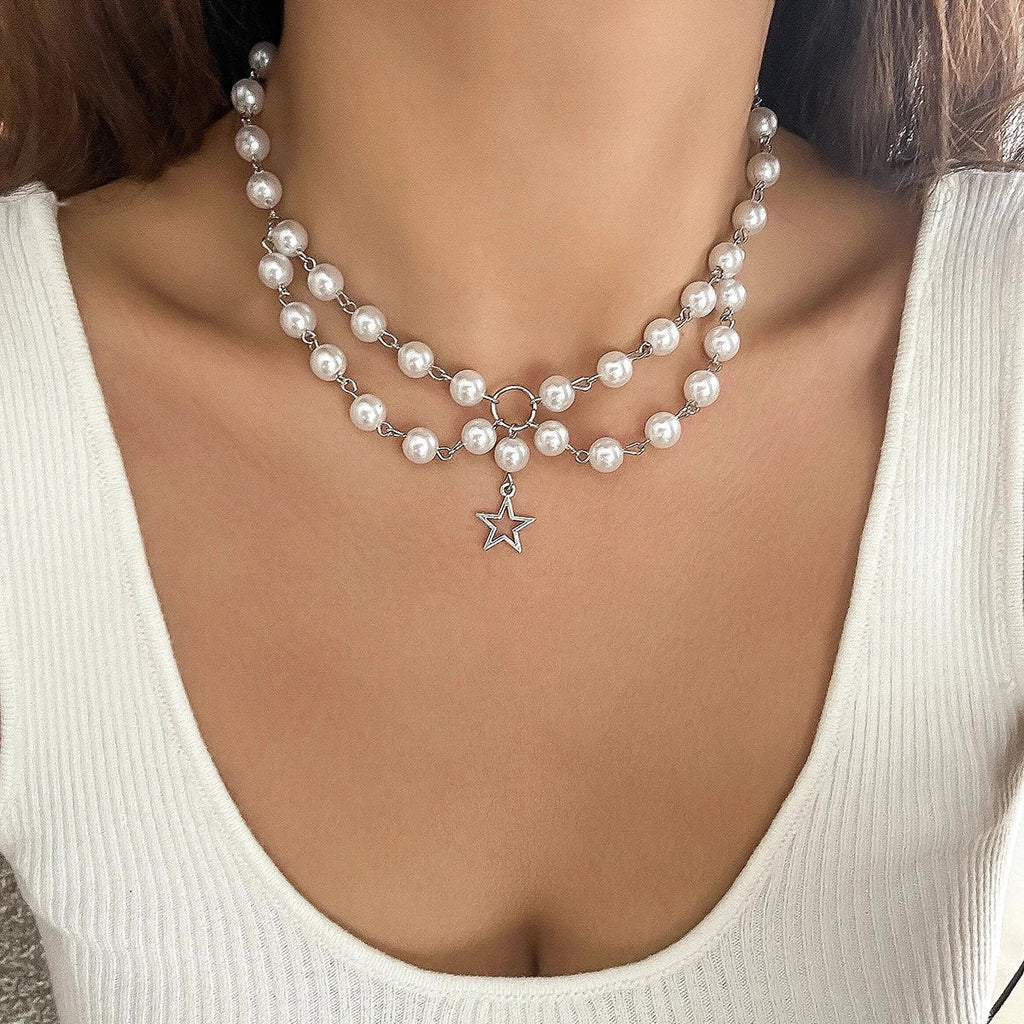 Doppelreihige Perlenkette mit silbernem Sternanhänger - Luxus-Designerschmuck