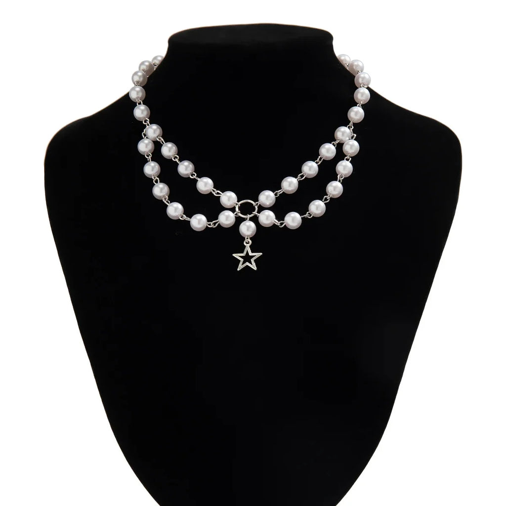 Doppelreihige Perlenkette mit silbernem Sternanhänger - Luxus-Designerschmuck