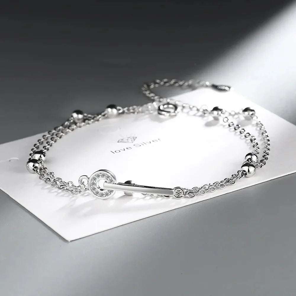 Elegantes 925 Sterling Silber Doppelketten-Perlenarmband