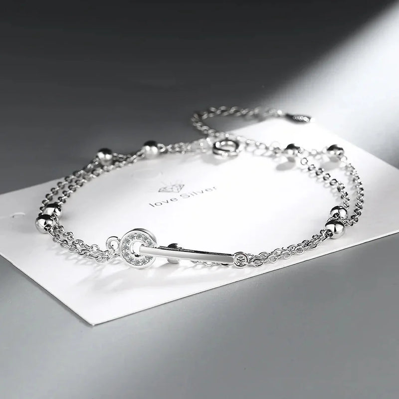 Elegantes 925 Sterling Silber Doppelketten-Perlenarmband