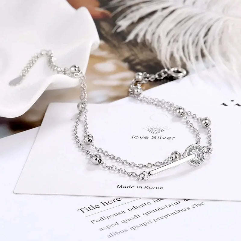 Elegantes 925 Sterling Silber Doppelketten-Perlenarmband