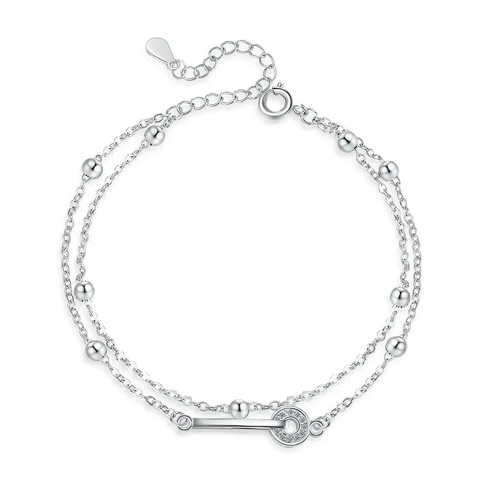 Elegantes 925 Sterling Silber Doppelketten-Perlenarmband