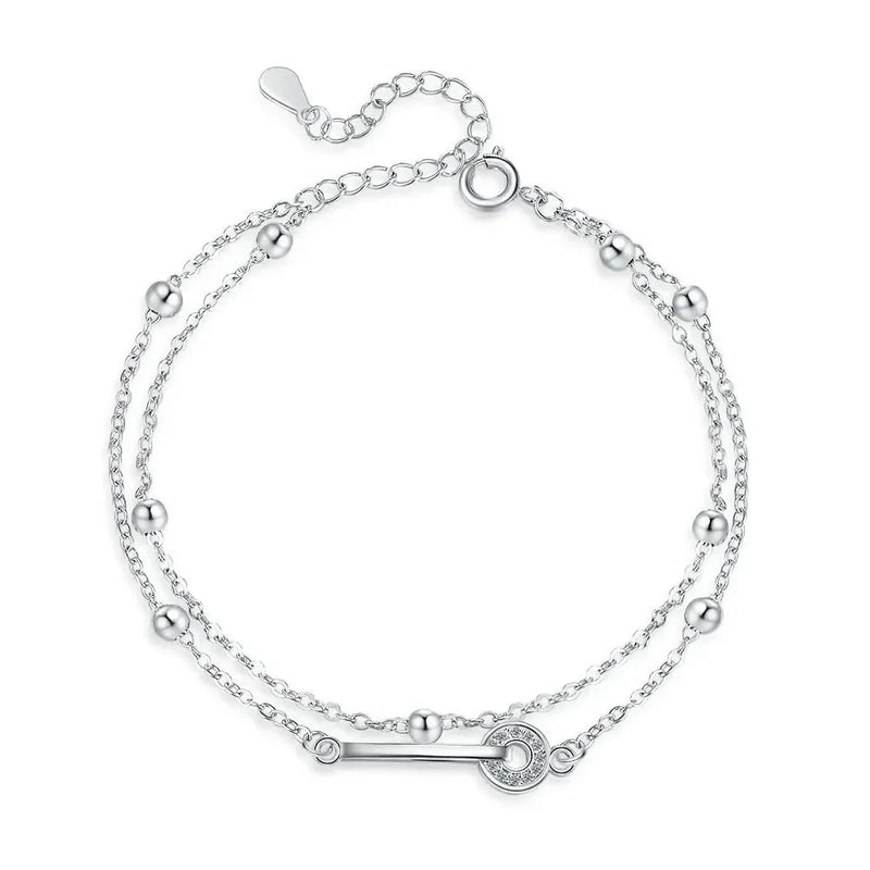 Elegantes 925 Sterling Silber Doppelketten-Perlenarmband